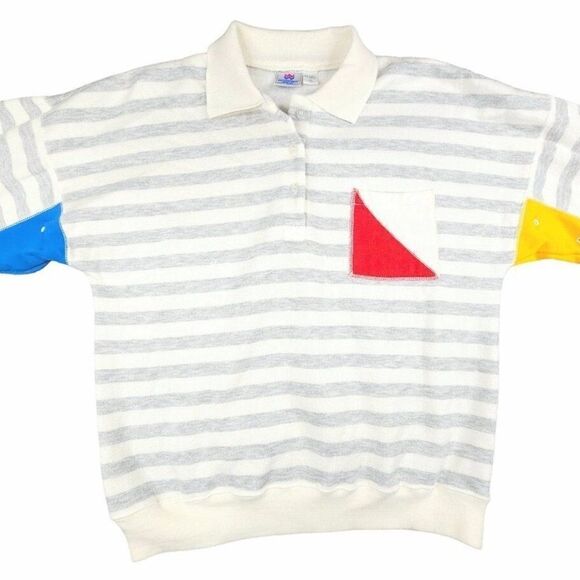 Vintage Tops - Vintage Abstract Sweatshirt Womens Size Medium Gray 80s Winning Ways Striped